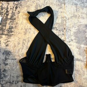 Mesh top crisscross neck top